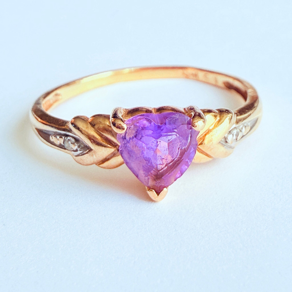Jewelry - 14K Yellow Solid Gold .55 CT Amethyst Shape Heart Natural Diamond Love Band Ring